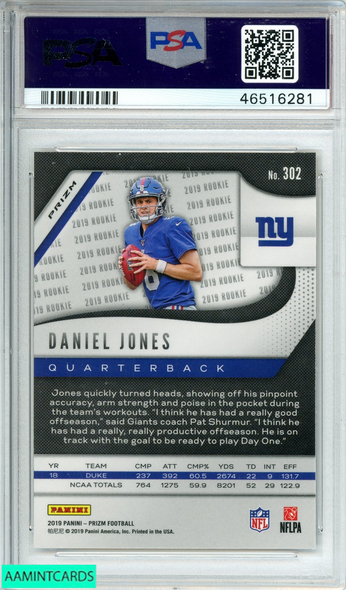 2019 PANINI PRIZM DANIEL JONES #302 LAZER PRIZM GIANTS ROOKIE RC PSA 10 GEM MT 46516281